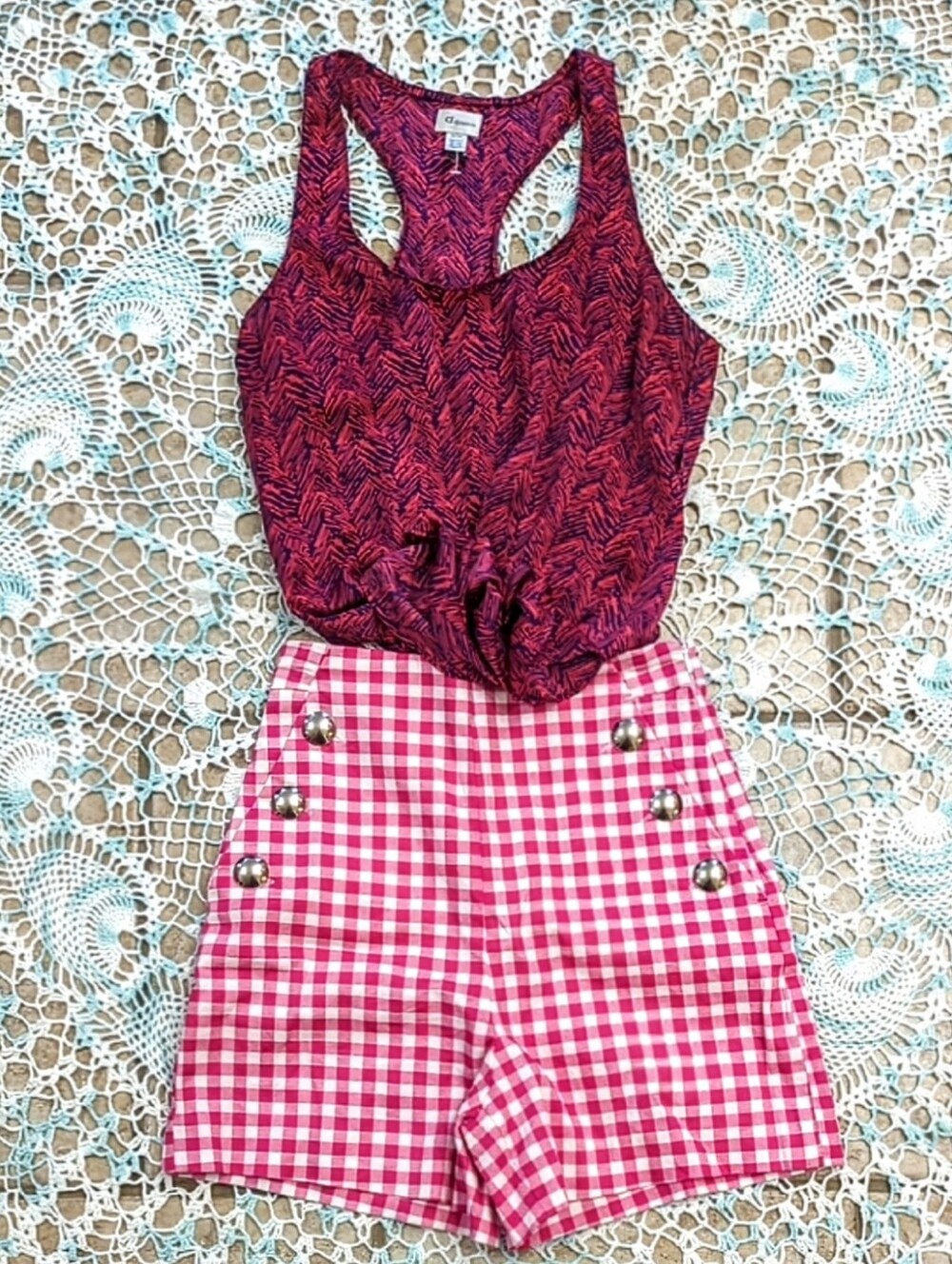 NWOT High Waisted Gingham Hot Pink And White Shorts With Silver Buttons